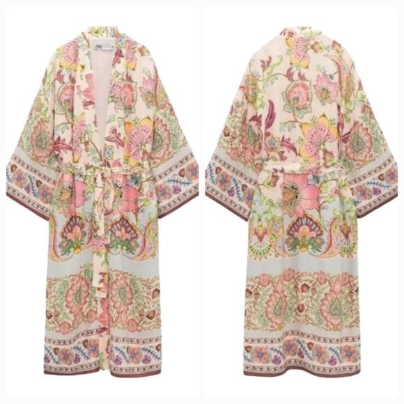 ZARA Pink Printed Belted Long Line Open Front Kimono Robe Duster Sz XS S M New - Picture 2 of 15